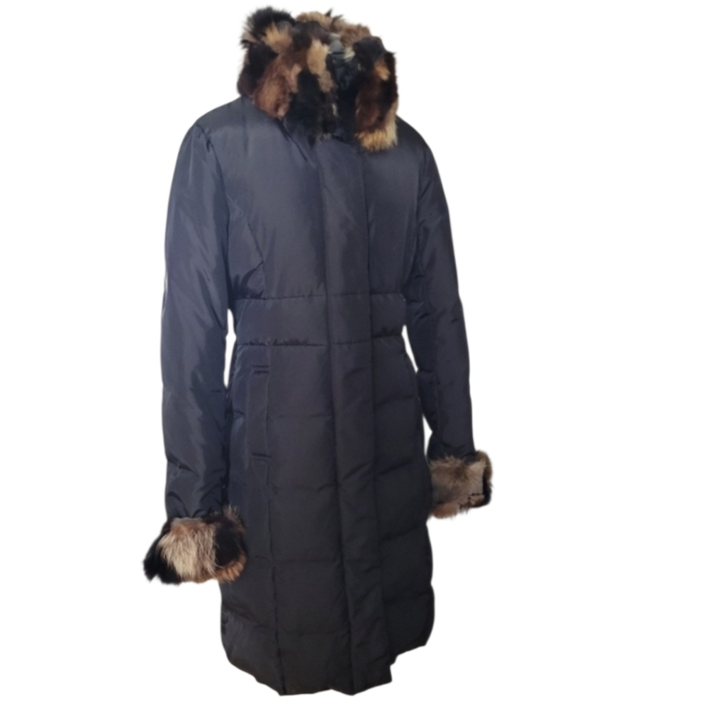Vintage Luxury Down Coat Genuine Fur Real Fox Raccoon Mink Beaver Trim Black